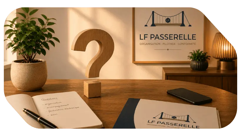 Point d'interrogation en bois sur un bureau avec carnet de conseils et brochure LF Passerelle