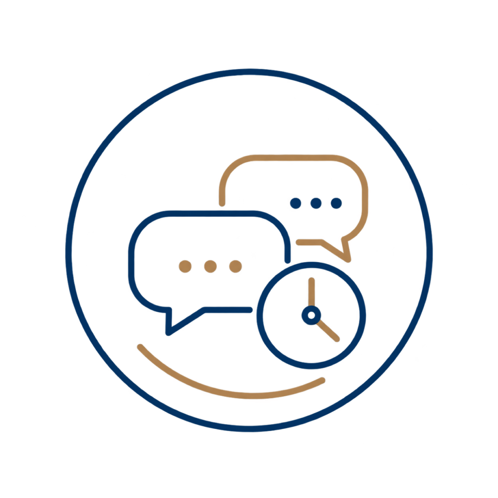 Icône représentant un échange professionnel rapide avec deux bulles de dialogue et une horloge