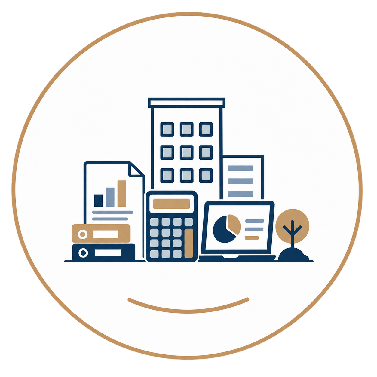 Illustration d'outils de gestion, calculatrice, classeurs et ordinateur, expert-comptable