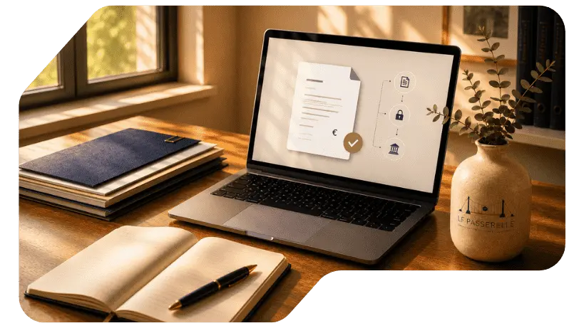 Ordinateur portable affichant la validation d'une facture électronique et son circuit de transmission