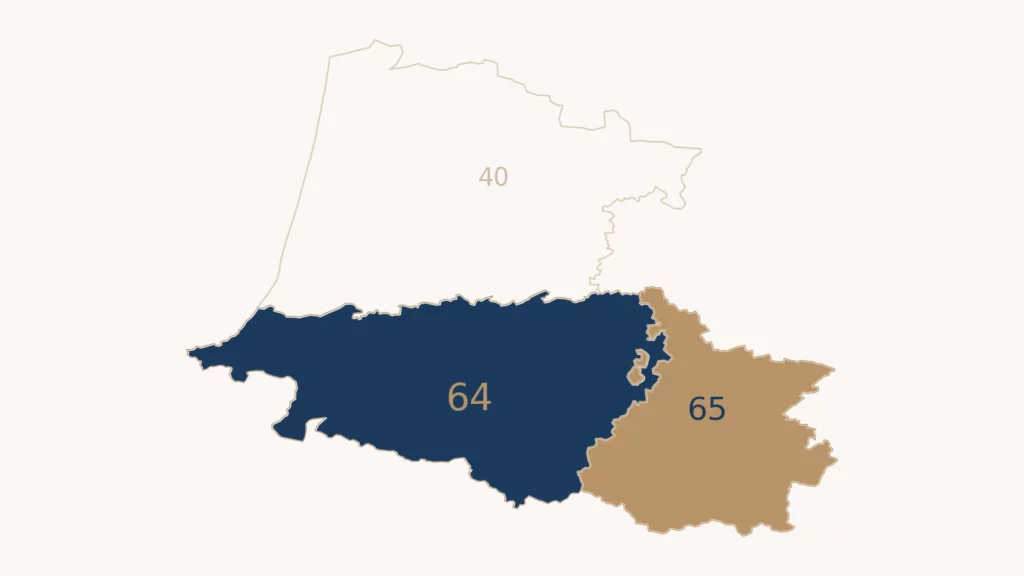 Carte des zones d’intervention de LF PASSERELLE : 64 et 65, avec le 40 en extension potentielle.